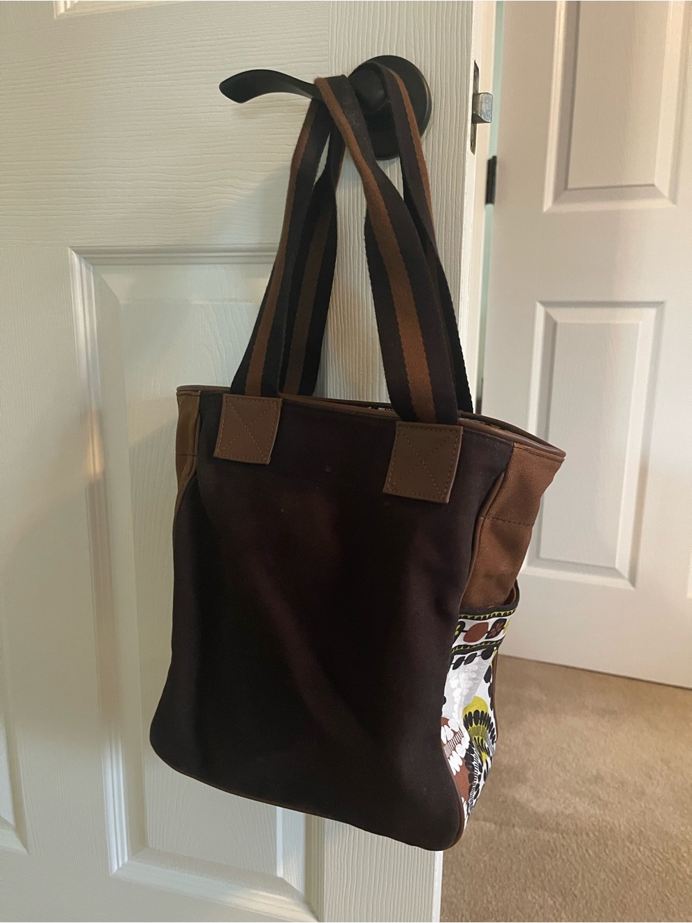 Vera Bradley Brown Canvas Tote Bag with Patterned Side Panel